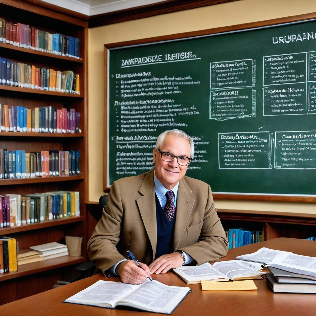 A detailed illustration of a professor surrounded by various insurance documents, tablets showing graphs of coverage options, and a chalkboard with keywords like 'comprehensive', 'affordable', and 'academic'. The background features a library filled with books, giving a scholarly atmosphere. Warm, inviting colors to enhance the learning vibe. super-realistic. vibrant colors. warm background.