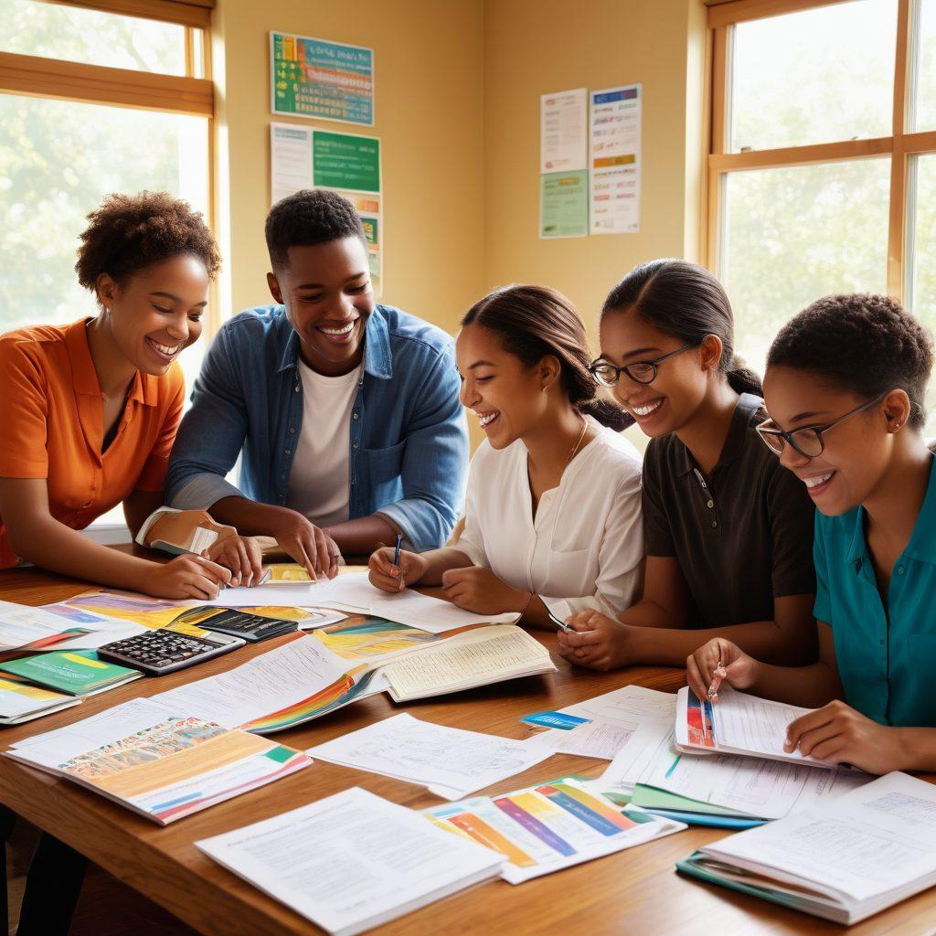 A diverse group of students happily discussing over a large table filled with educational materials and health insurance brochures. In the background, a chalkboard highlights key points about insurance with graphics of calculators and books. A bright window lets in sunlight, symbolizing hope and opportunity. The overall scene conveys a sense of community, learning, and support in choosing affordable education-related insurance. vibrant colors. super-realistic.