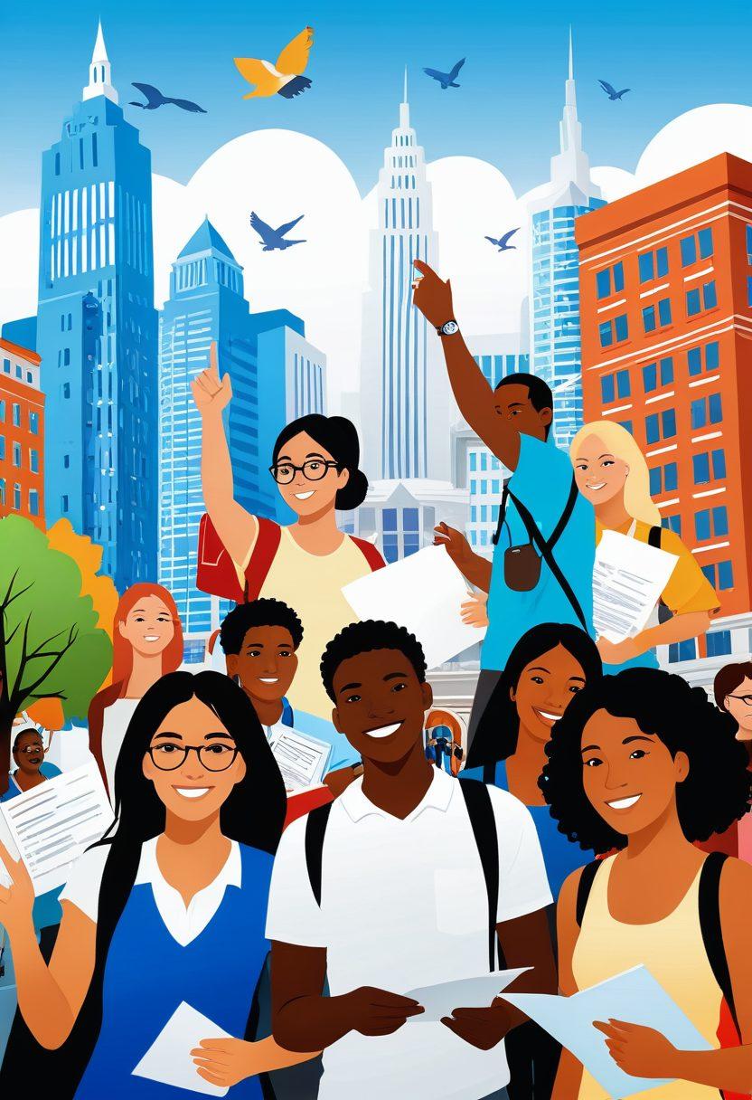 A diverse group of students exploring a vibrant city, each holding insurance documents and discussing options. The background includes universities, health symbols, and insurance icons floating above them, symbolizing comprehensive coverage. Bright colors and a friendly atmosphere create an inviting scene. vector art. vibrant colors. white background.
